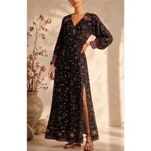 Natalie Martin Midnight Wildflower Silk Maxi Dress | Boho Luxe Long Sleeve Flora